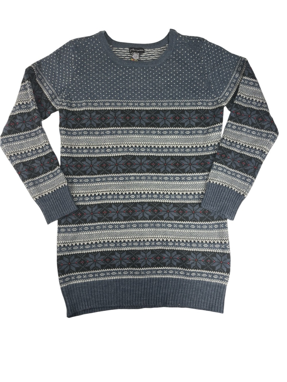 Jule & James Womens Fair Isle Blue Long Tunic Sweater Crew Neck Size XL